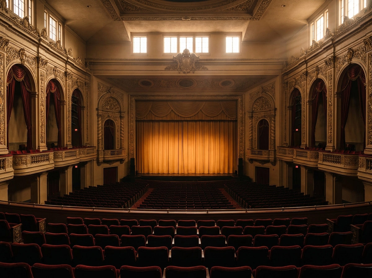 The empty interior of a classic theater with red seats, ready for a performance.