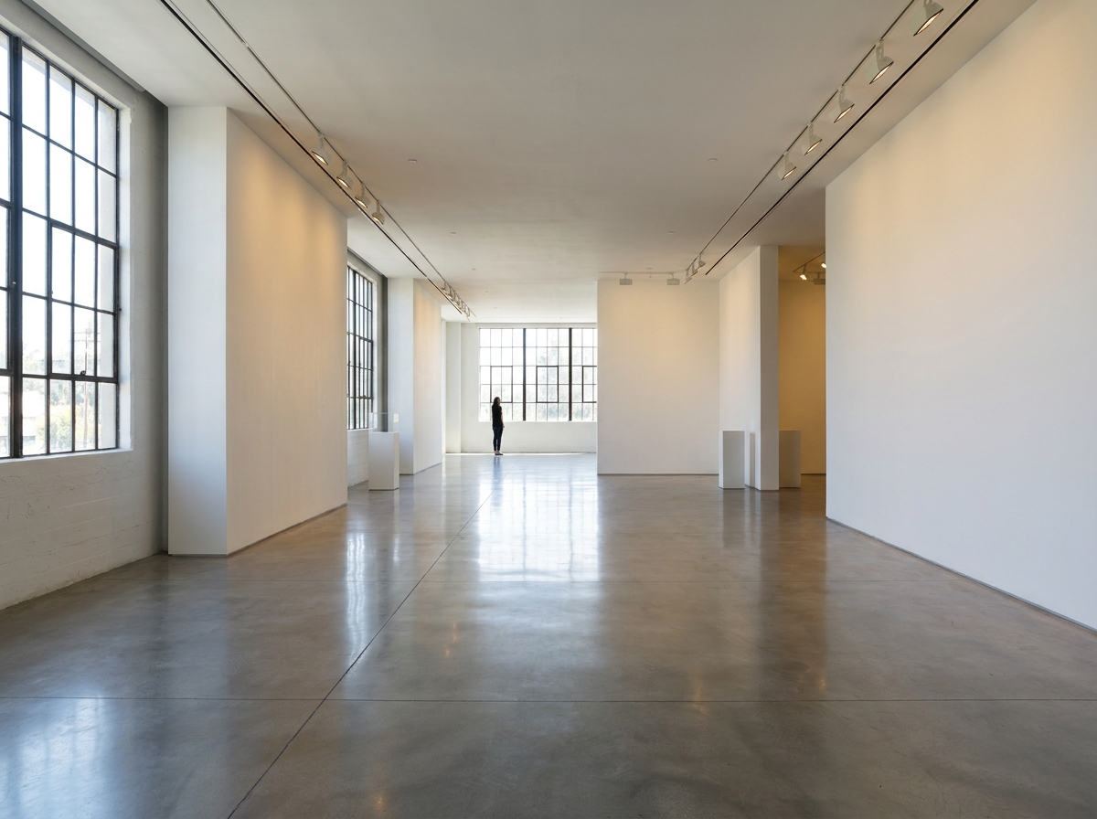 An empty, modern art gallery in Pasadena set up for an event.