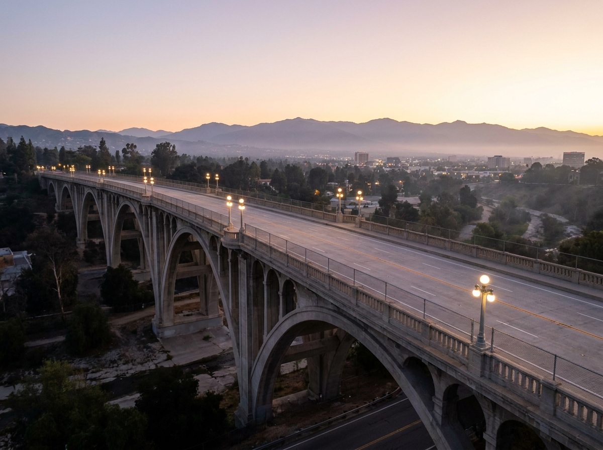 The iconic Colorado Street Bridge in Pasadena at sunrise, representing a location for city events.