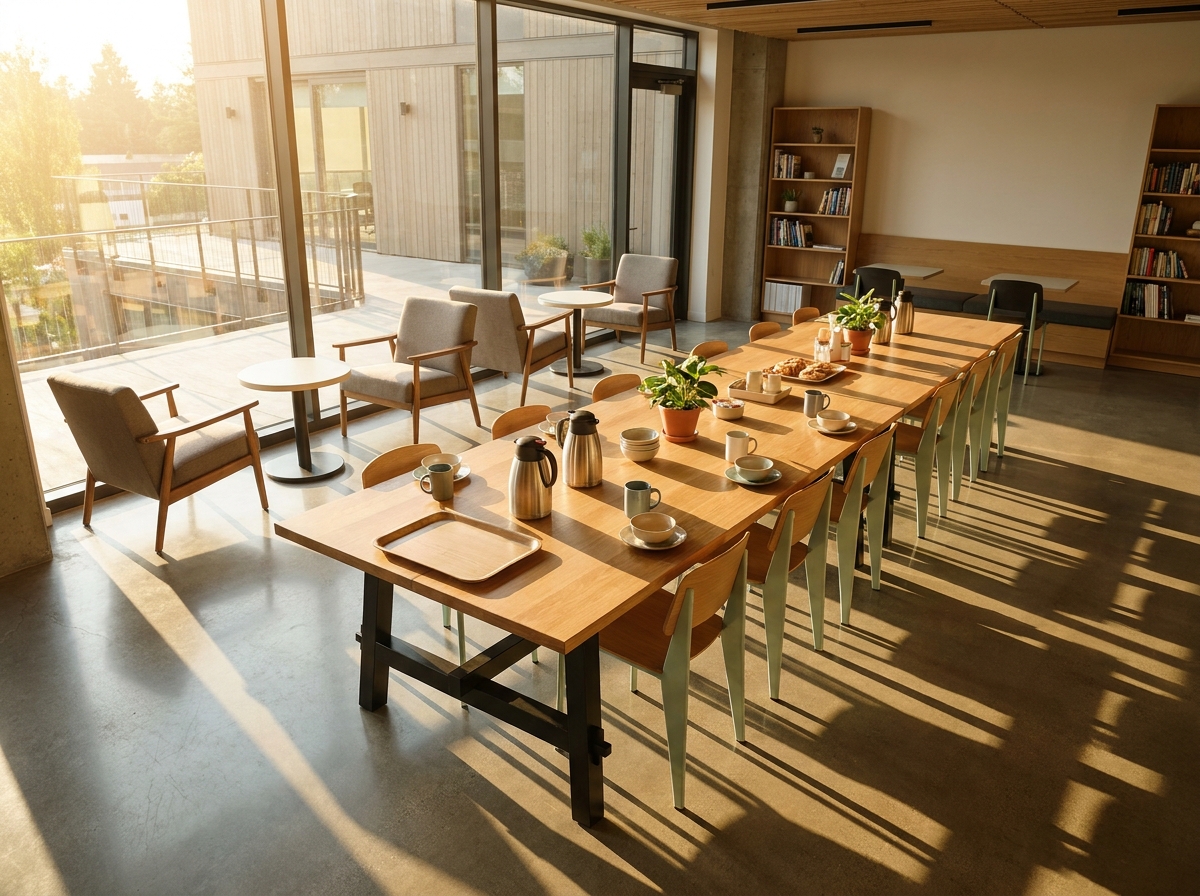 An empty co-working space set up for a morning business event.