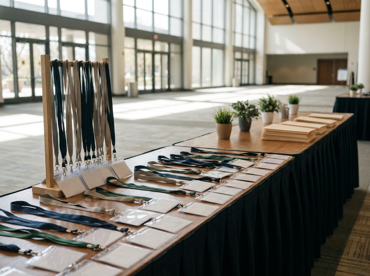 Registration table with blank name tags ready for a networking event.