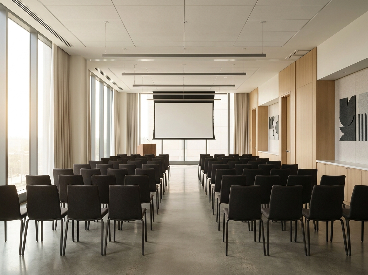An empty hotel conference room prepared for a presentation.