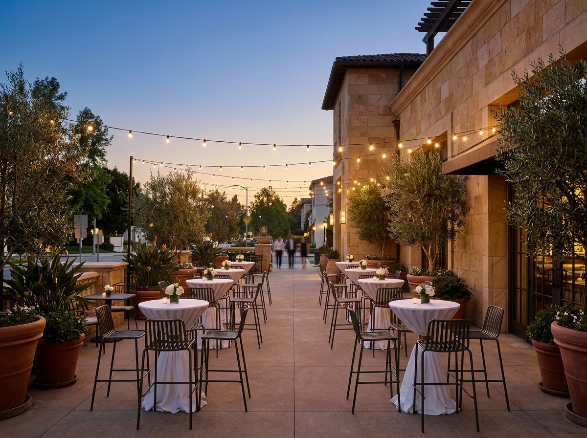 A restaurant patio set up for an evening networking event in Pasadena.