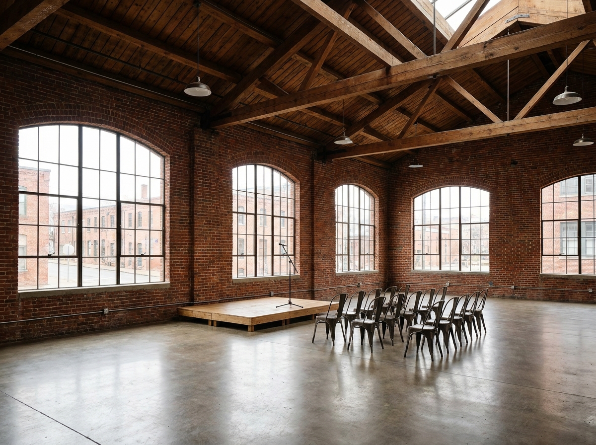 An empty event venue in the Peoria Warehouse District set up for a performance.