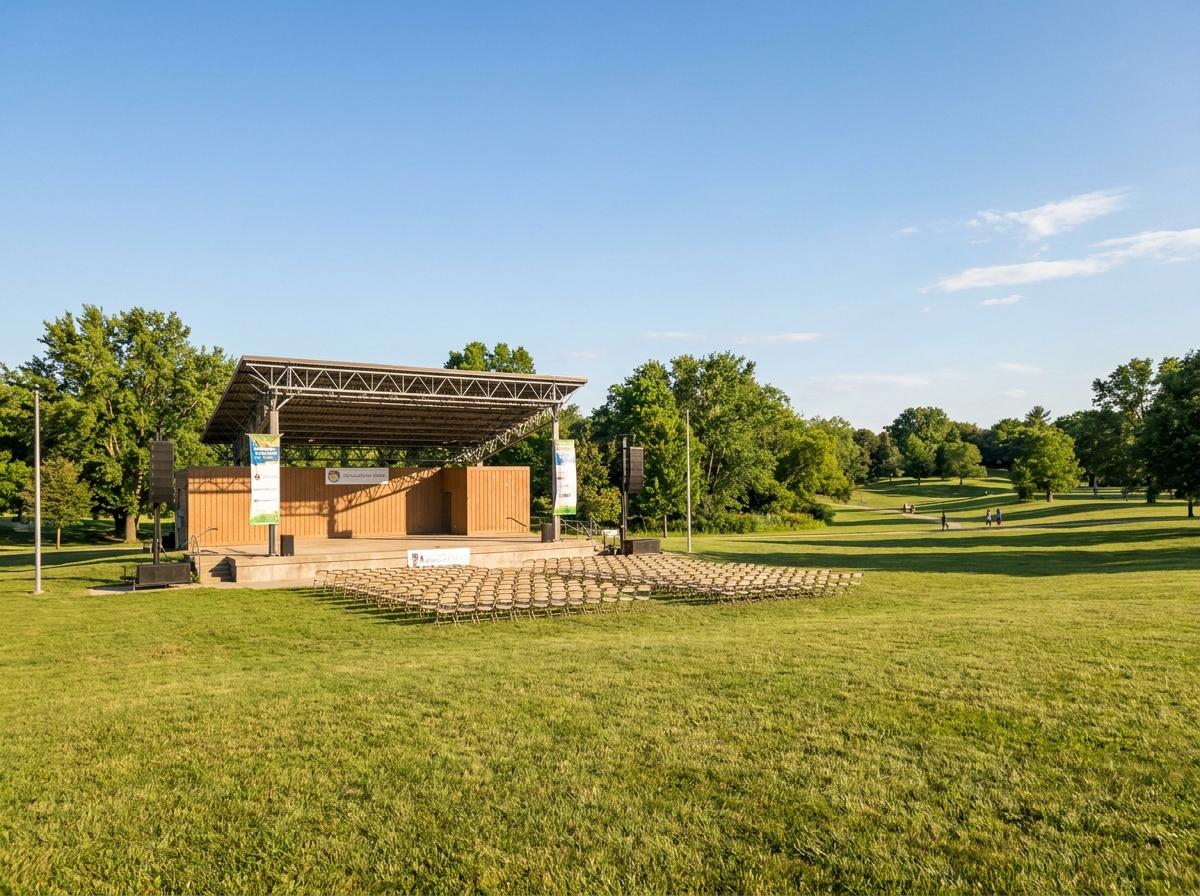 An empty stage in a park in Peoria, prepared for a local festival.