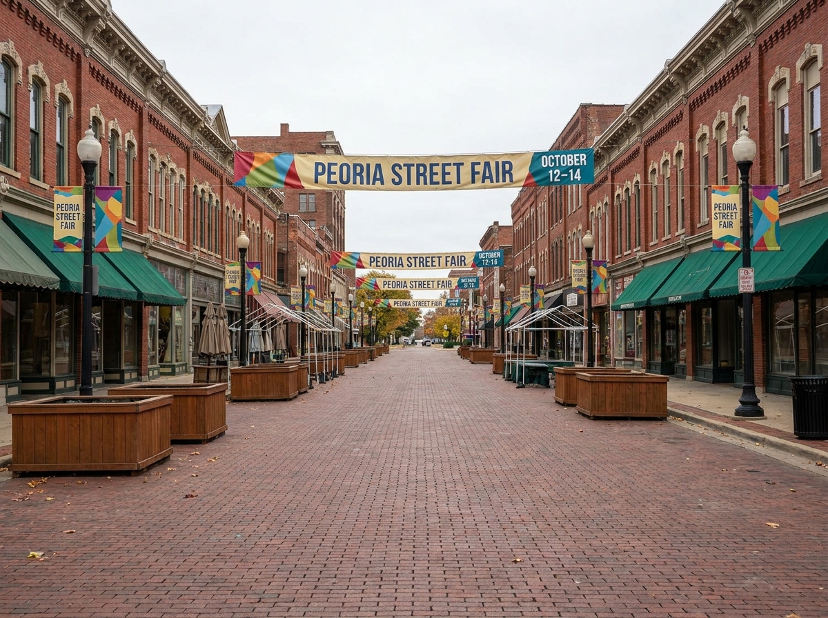 A historic street in downtown Peoria prepared for a street fair.