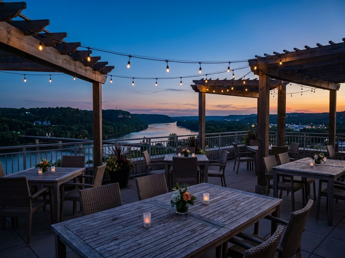 An empty rooftop venue in Peoria Heights set for an event at dusk.