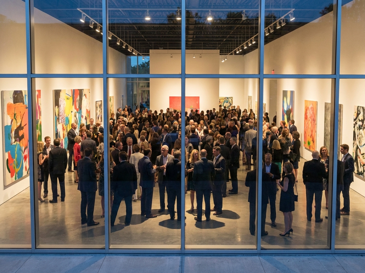 Attendees at a visual arts exhibition in a modern gallery.