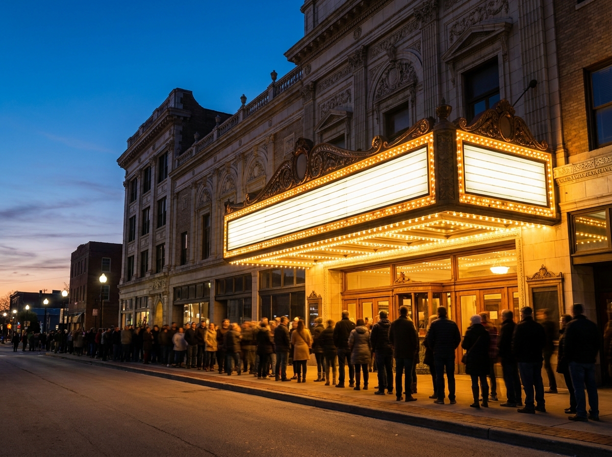 Patrons queuing outside a theatre for a performing arts event.