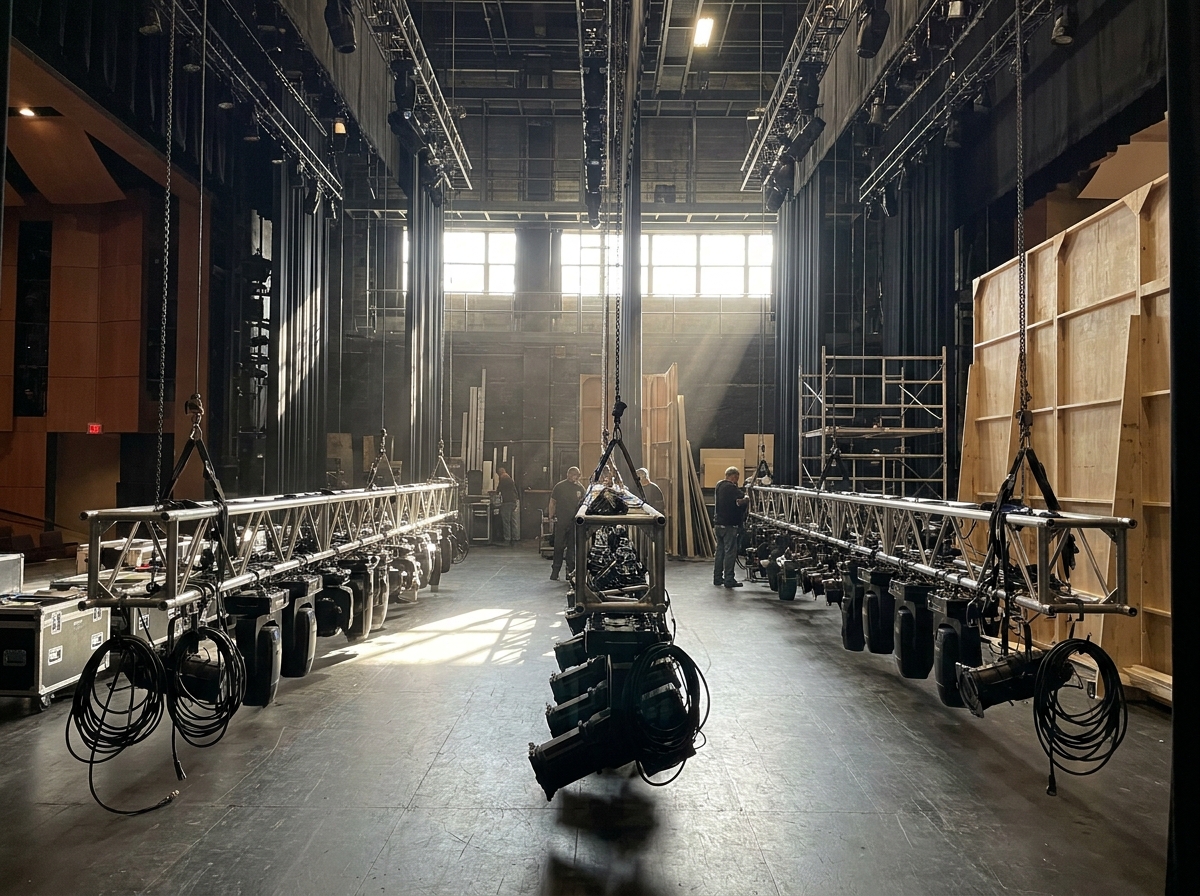 A stage being prepared with lighting and props for a performance.