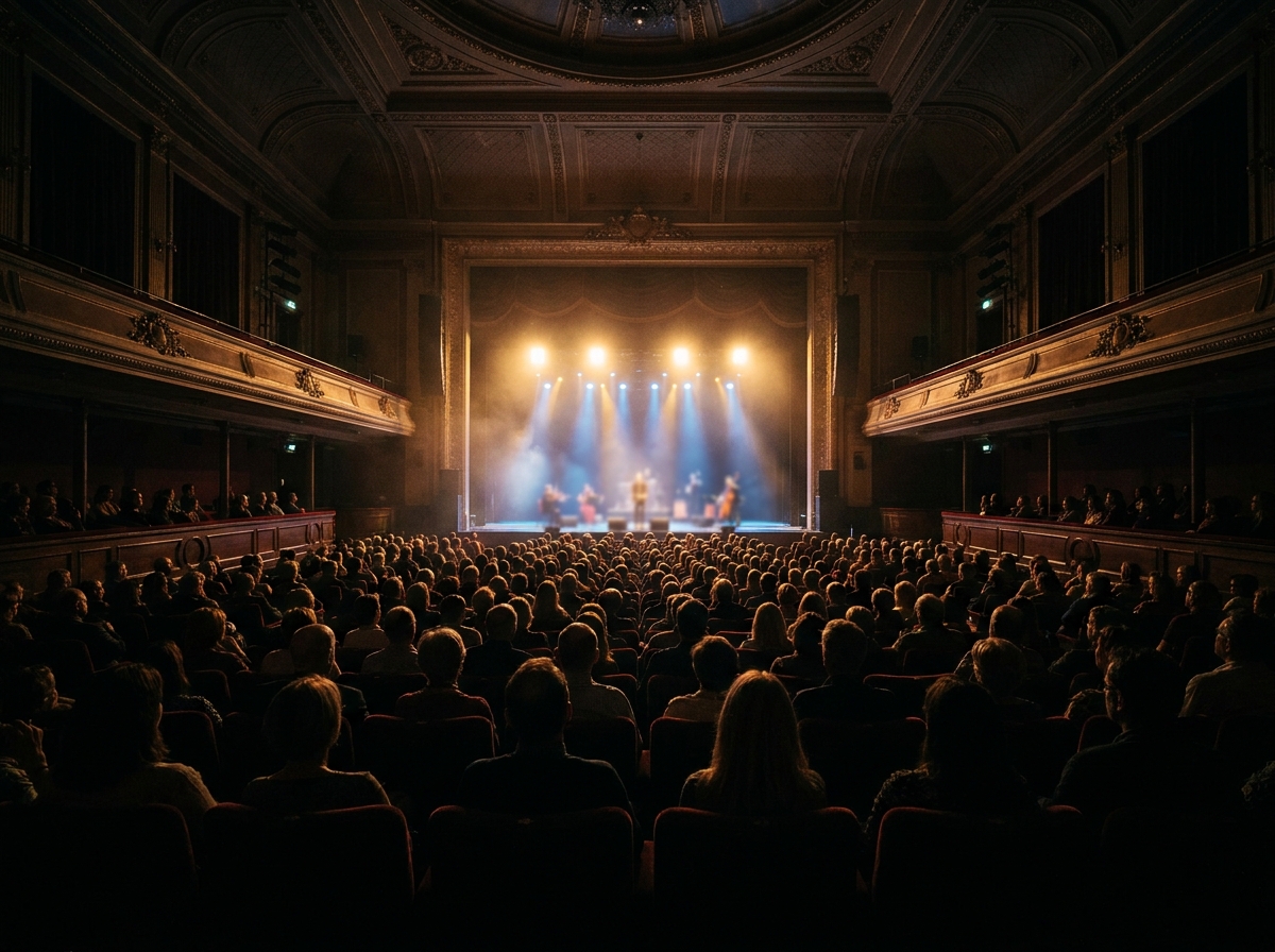 An audience watching a performance in a packed concert hall.