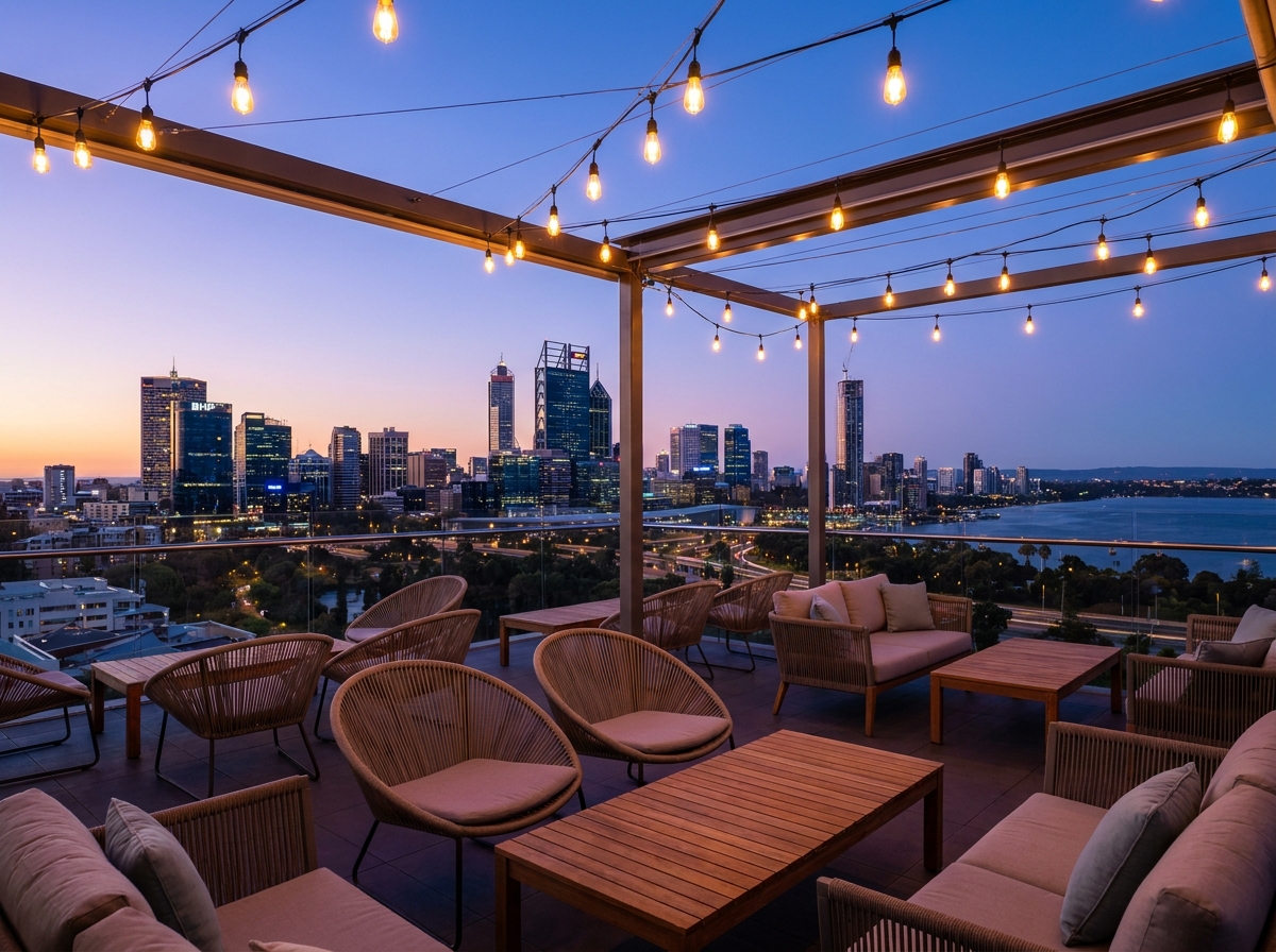 A rooftop venue in Perth set for an evening event.