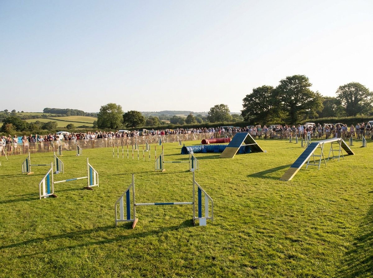 A dog agility course set up for a pets and animals event.