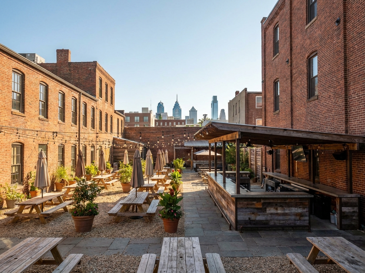 An outdoor beer garden in Philadelphia set up for a daytime event.