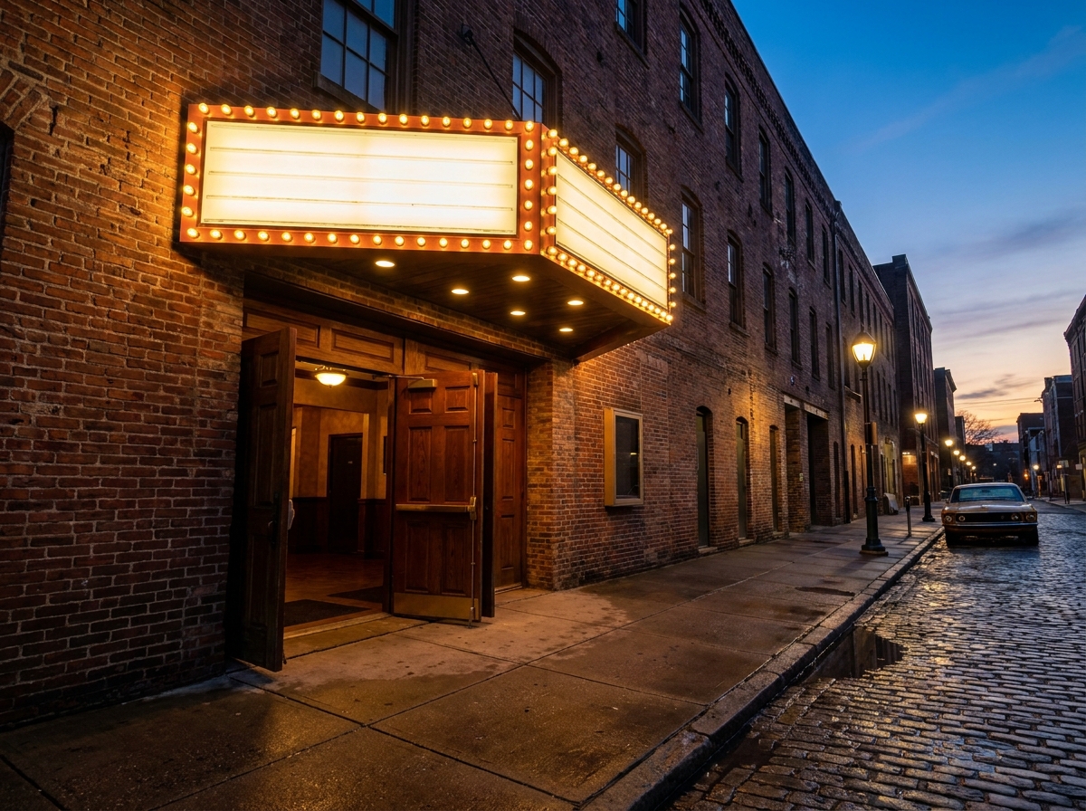 The glowing entrance to a music venue in Philadelphia before a show.