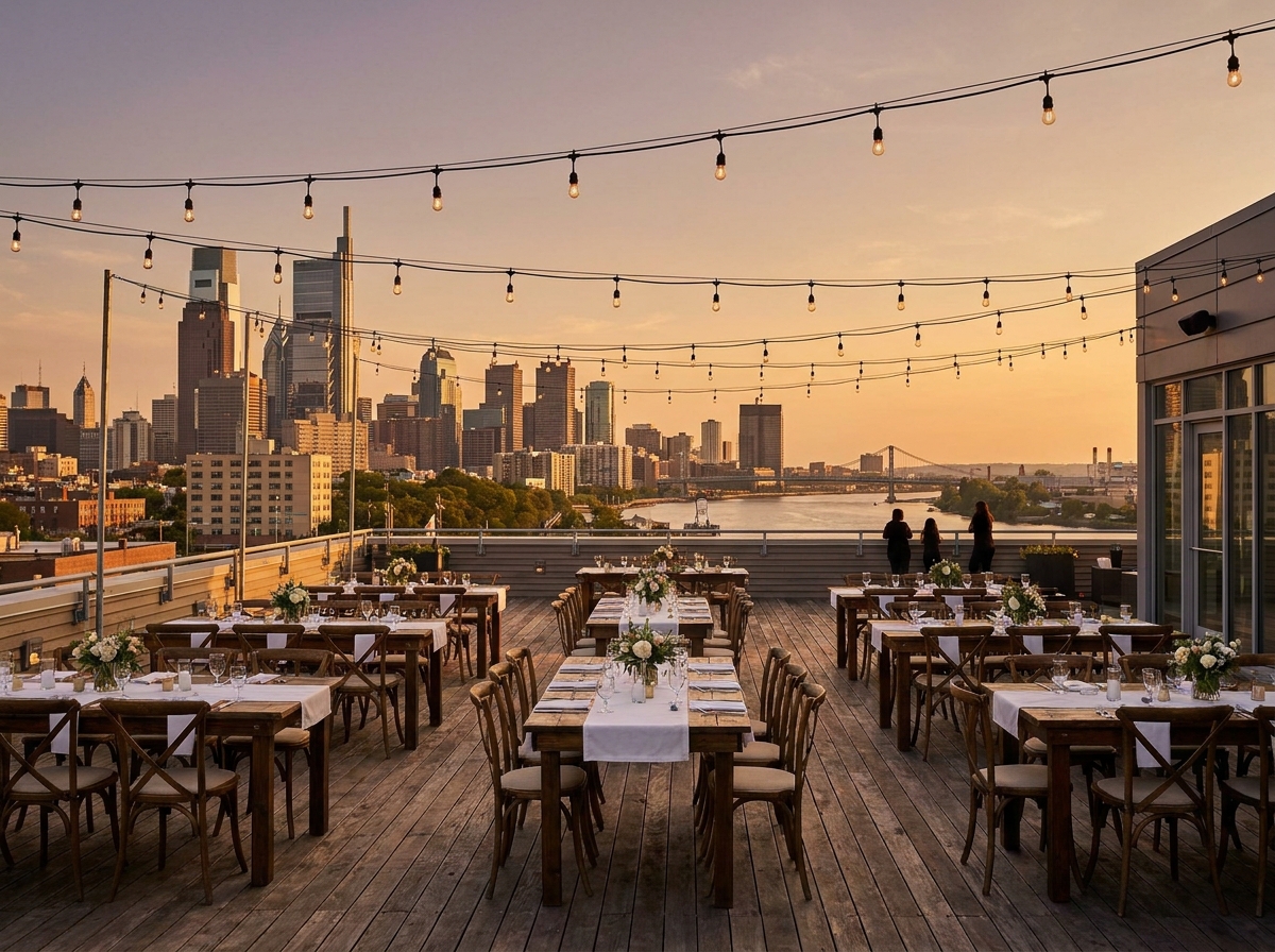 A rooftop venue in Philadelphia set for an evening event.