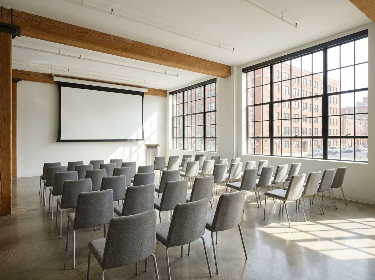 An empty co-working space configured for a business event in Philadelphia.
