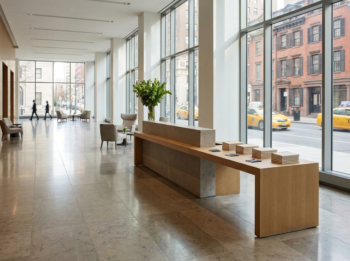 An empty registration desk prepared for a professional networking event.