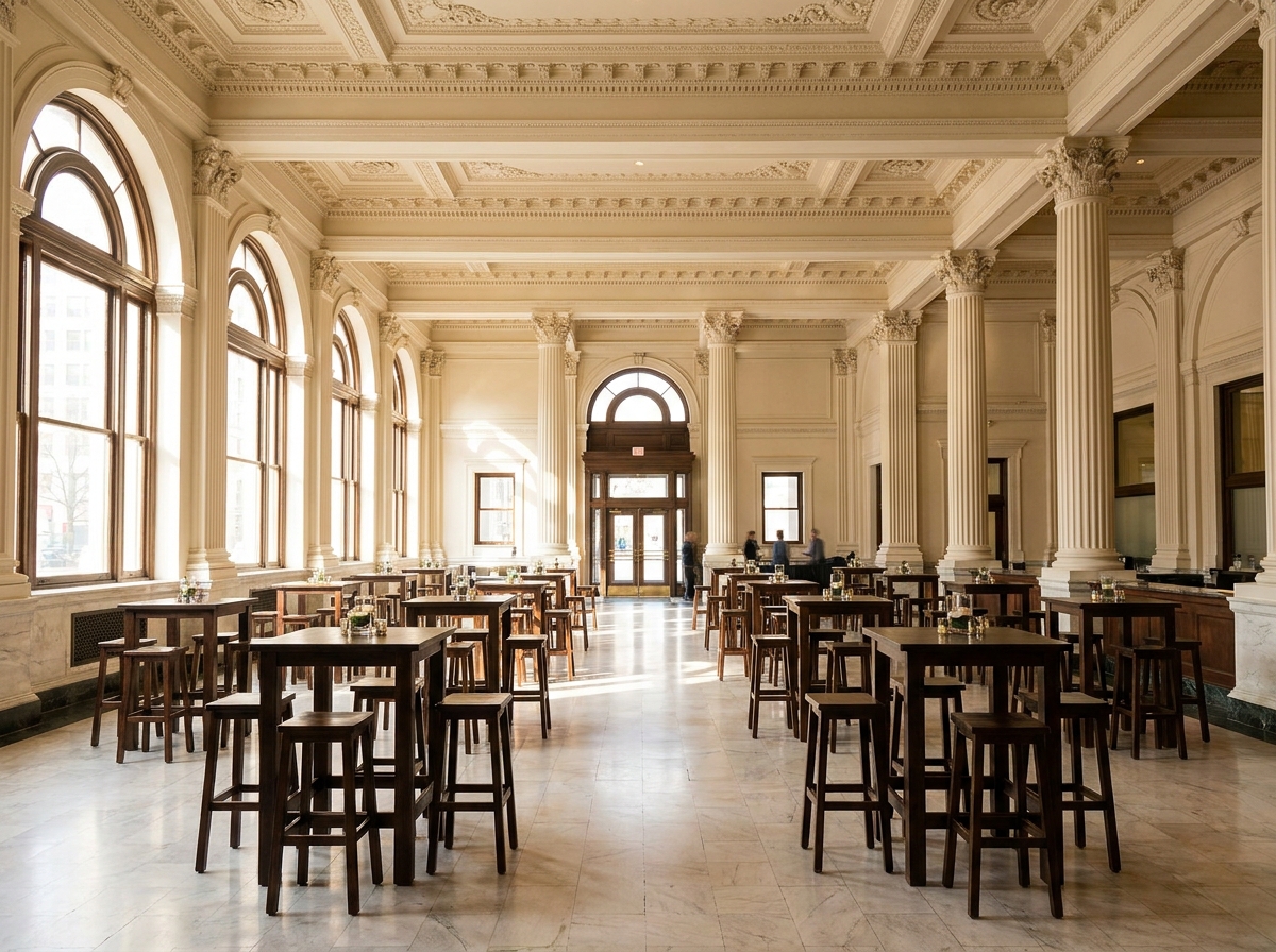 An empty historic ballroom in Philadelphia set up for a professional networking event.
