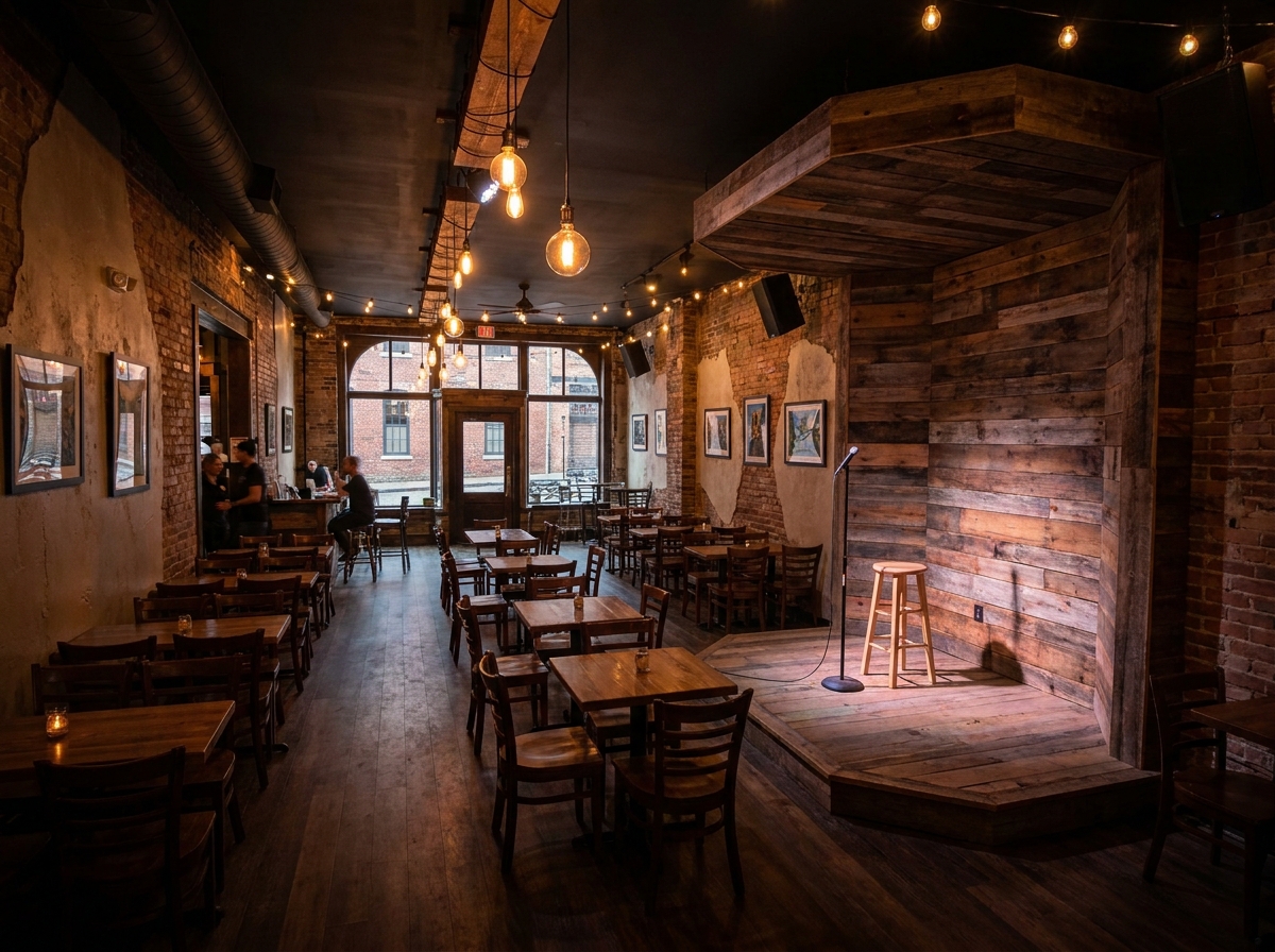 An empty bar in Phoenix set up for an indie comedy night.