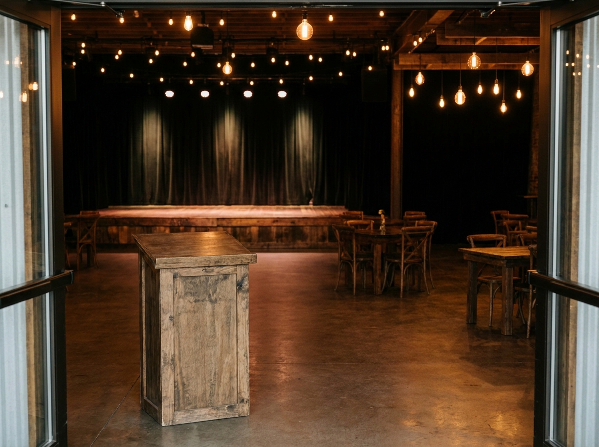 The entrance to a venue, ready for attendee check-in for a comedy show.