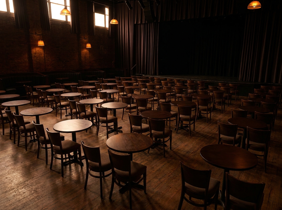 Empty tables and chairs facing the stage at a Phoenix comedy club.