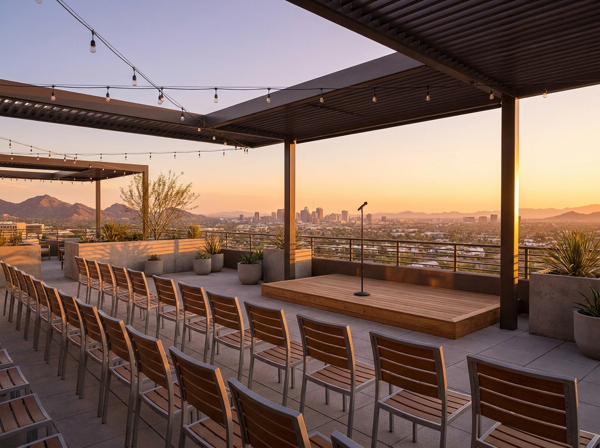 A rooftop venue in Phoenix prepared for an evening comedy show.
