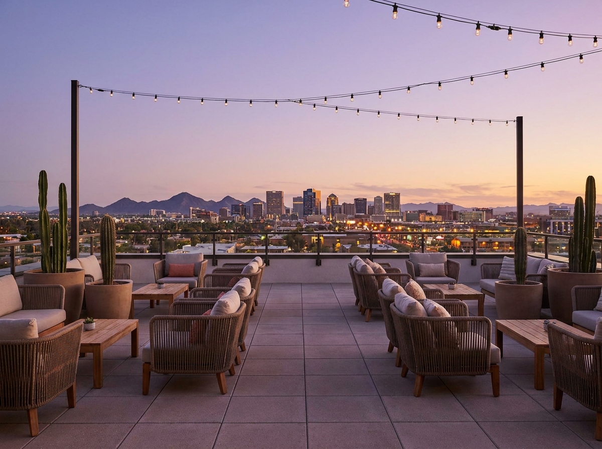 A rooftop event space in Phoenix overlooking the city.