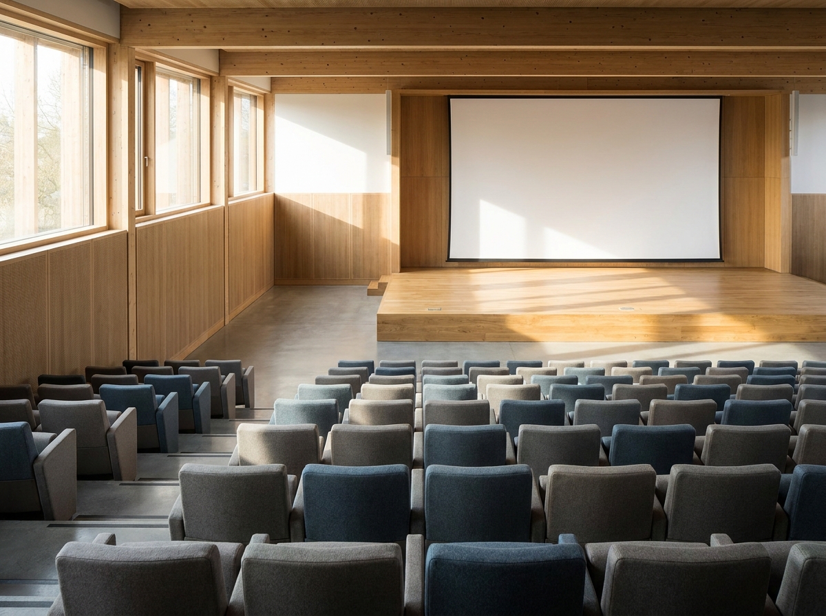 An empty auditorium stage ready for a speaker at a Phoenix networking event.