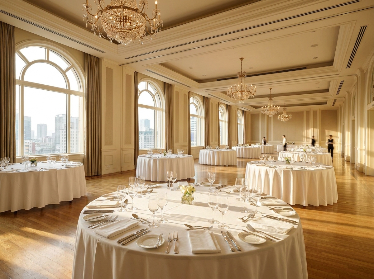 An elegant hotel ballroom in Phoenix set for a professional networking dinner.