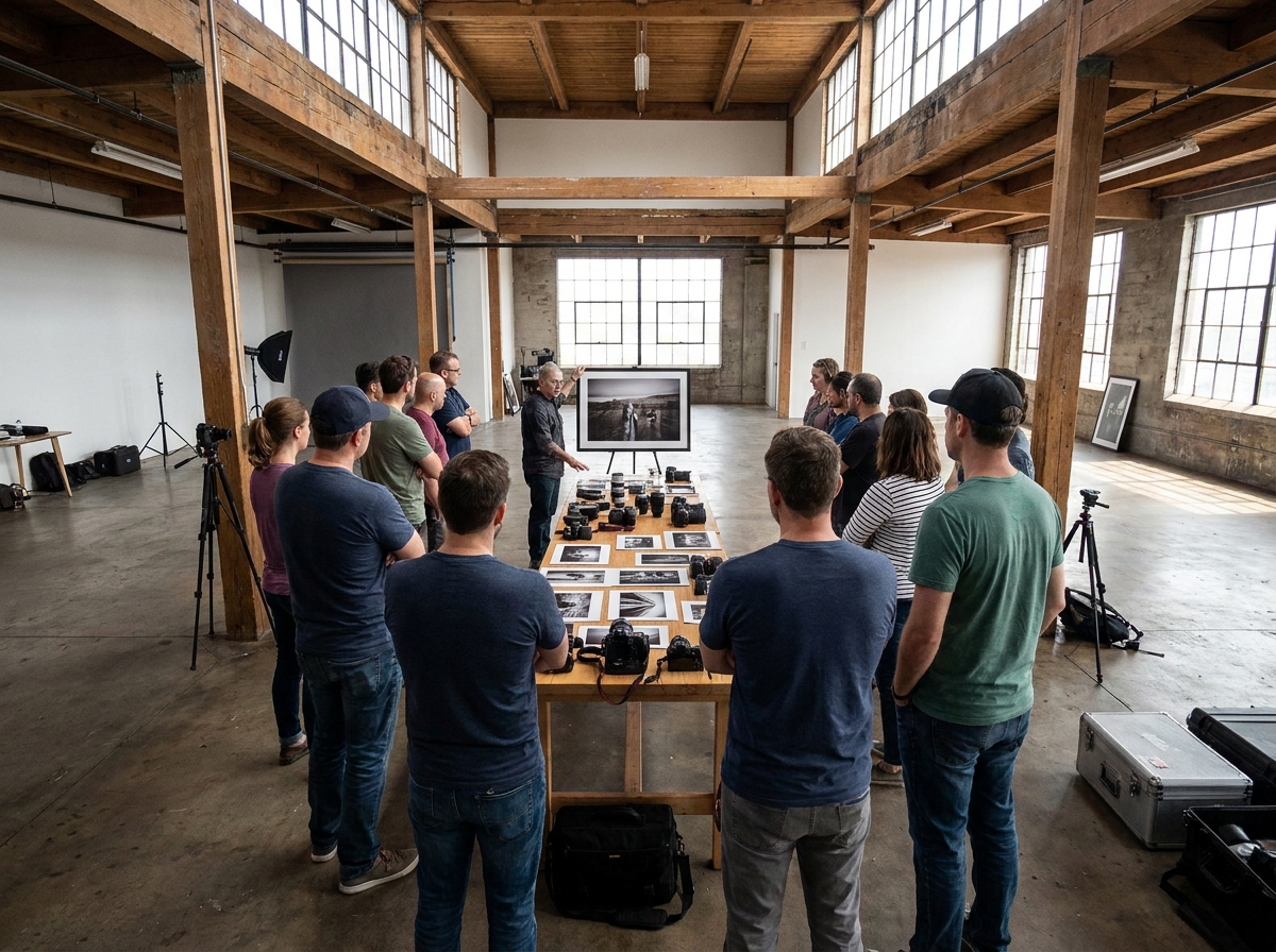 Participants at a photography workshop learning about camera settings.