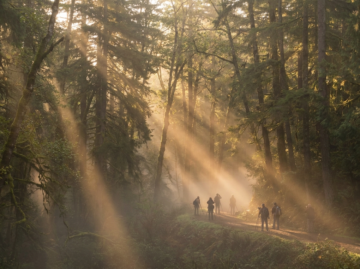 Misty forest at sunrise, a perfect setting for a landscape photography workshop.