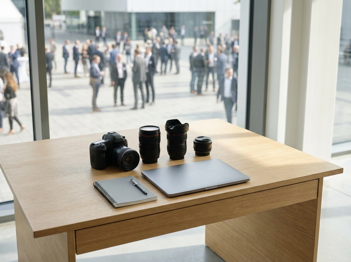 A camera and lenses laid out on a desk, representing the planning of a photography event.