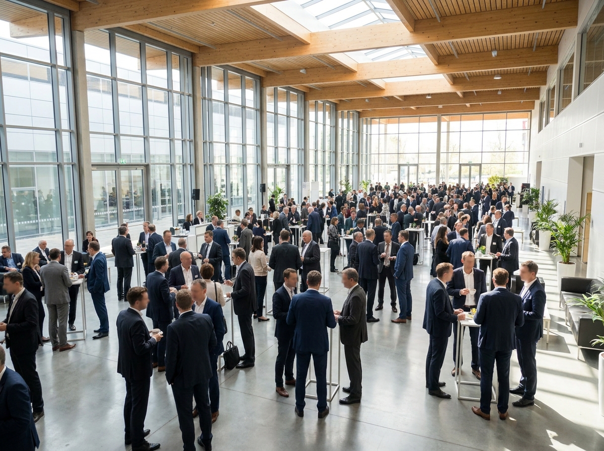 A crowd of professionals networking at a business event, seen from a distance.