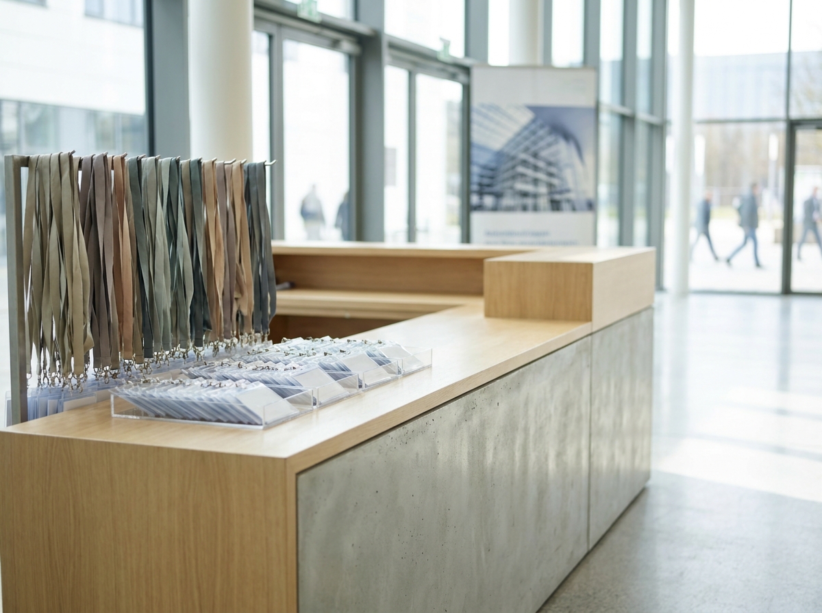 An organized registration desk with lanyards ready for a professional pitch event.