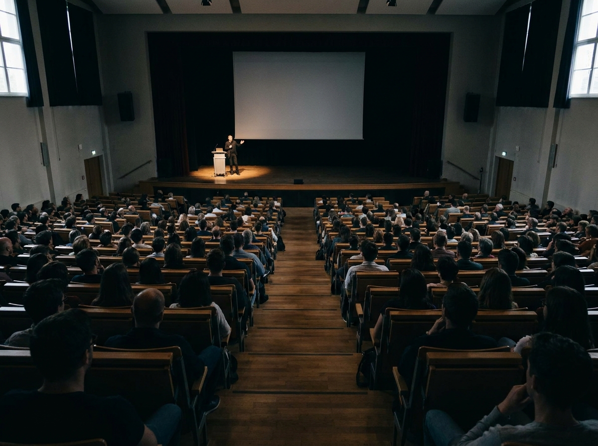 An audience of silhouettes watching a presenter on stage during a pitch competition.