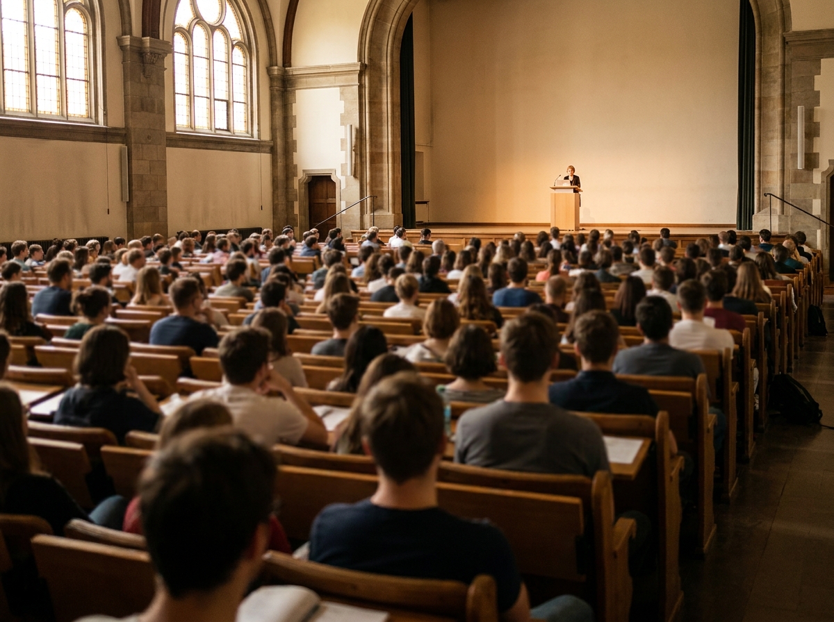 A speaker presenting to a large audience at a university-hosted entrepreneur competition.
