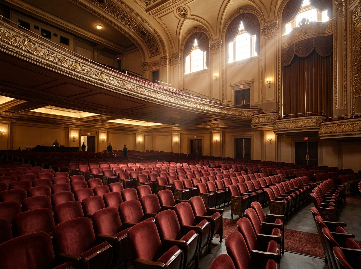 The empty interior of a historic theater in Pittsburgh ready for a performance.