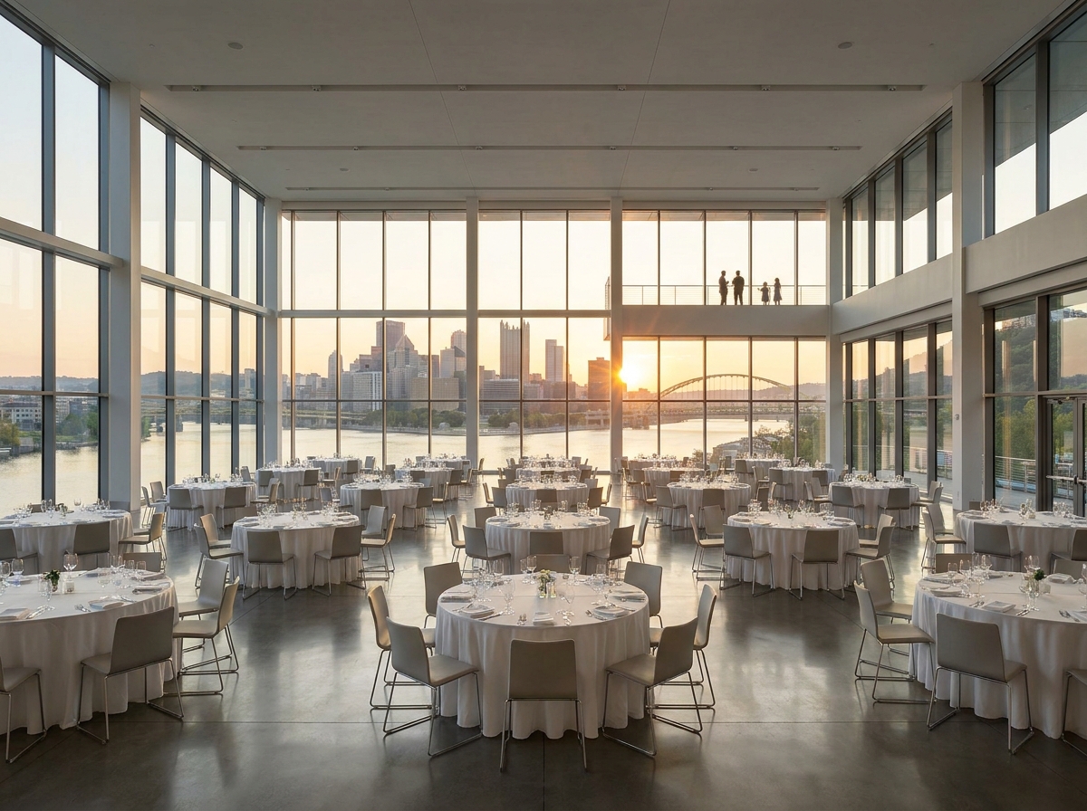 An event space overlooking the Pittsburgh skyline and rivers.