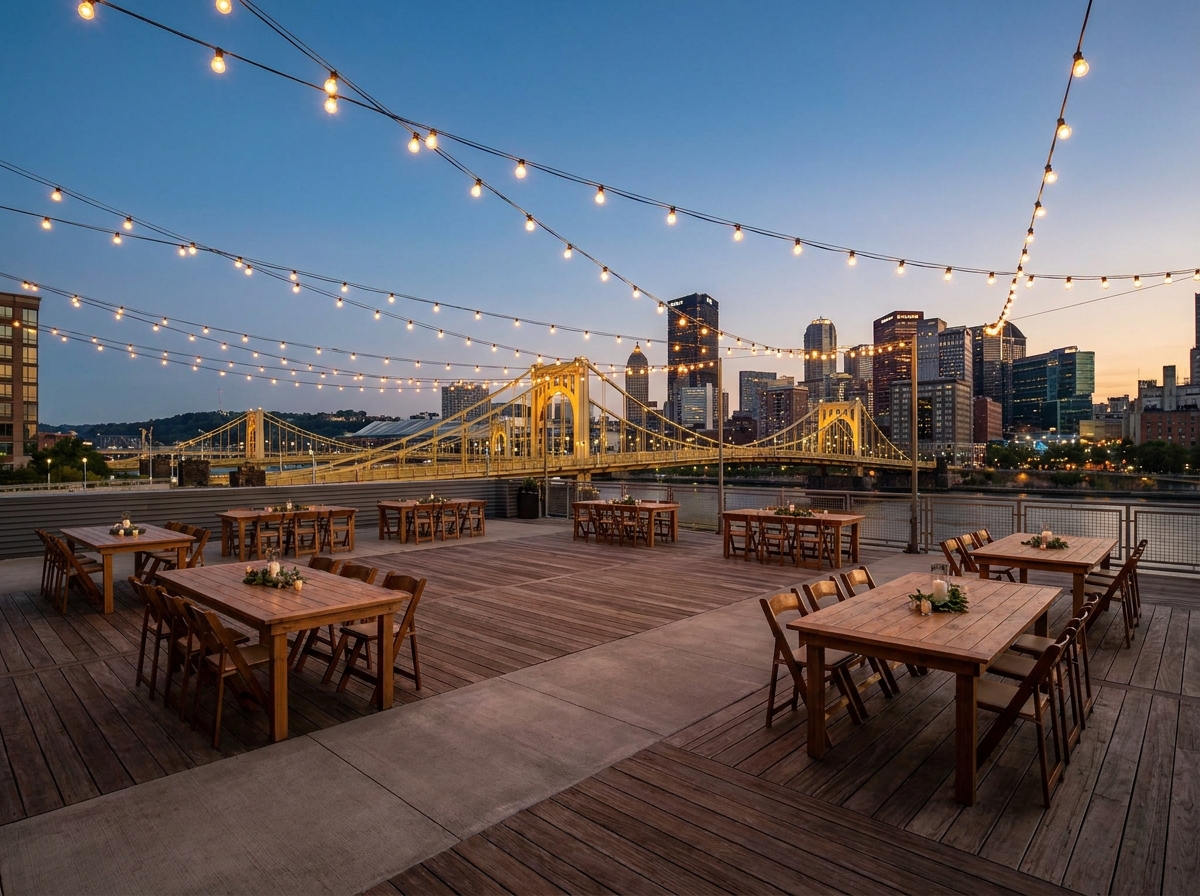 A Pittsburgh rooftop venue prepared for an evening event.