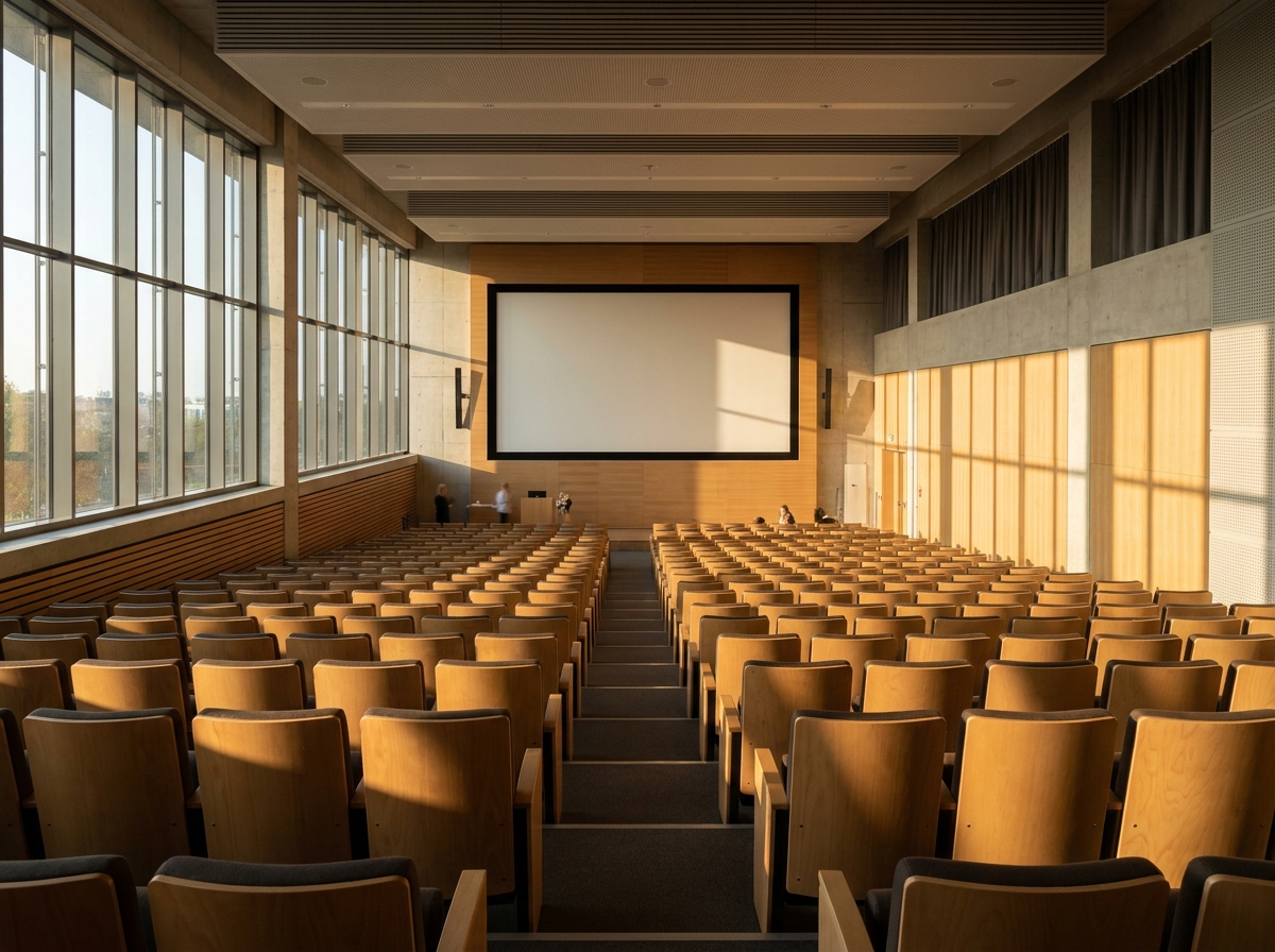 An empty university auditorium in Pittsburgh, ready for a business conference or professional event.