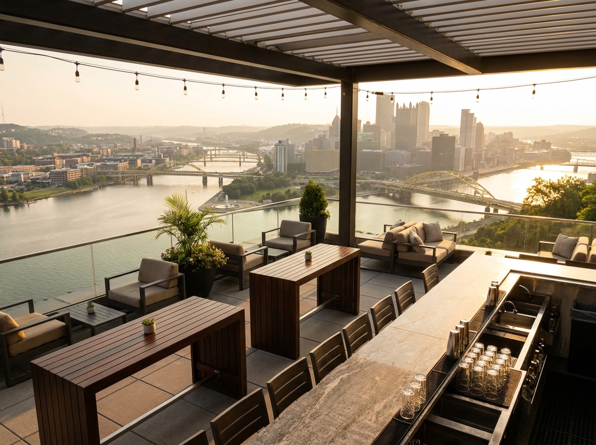 An empty rooftop bar with views of the Pittsburgh skyline, prepared for a networking mixer.