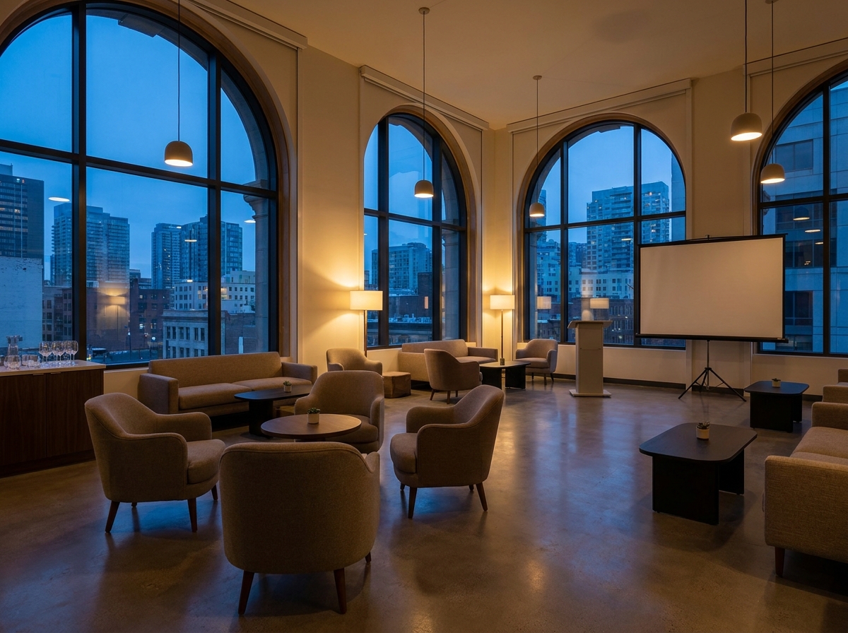 A modern co-working space in Pittsburgh set for an evening business networking event.