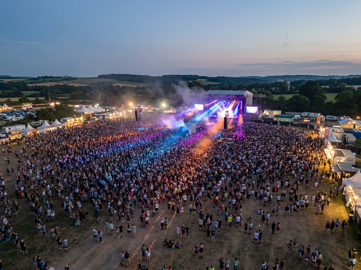 An aerial view of a huge crowd at an outdoor pop music festival at night.