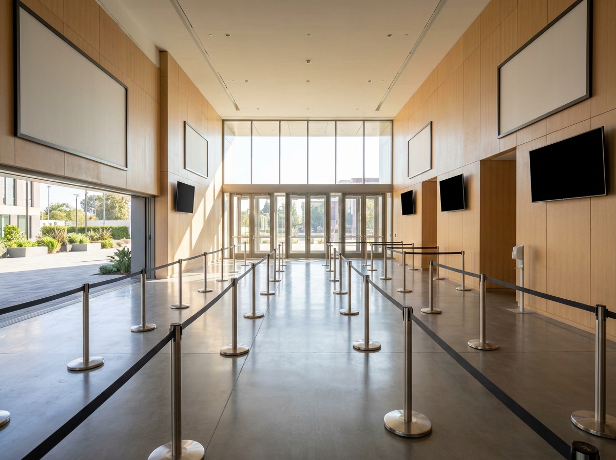An organized, multi-lane entrance to a modern concert venue, prepared for a pop event.