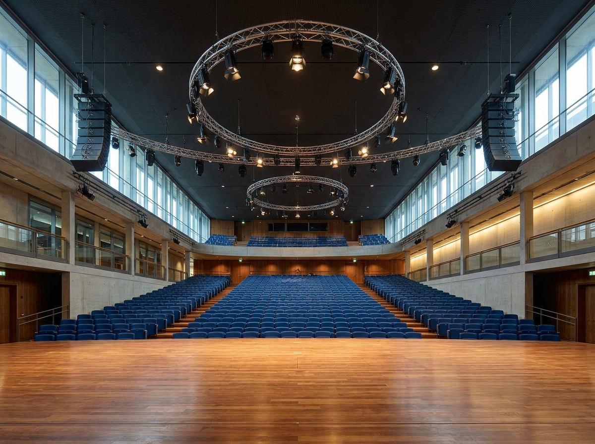 View from the stage of an empty concert hall with rows of seats, ready for a pop event.