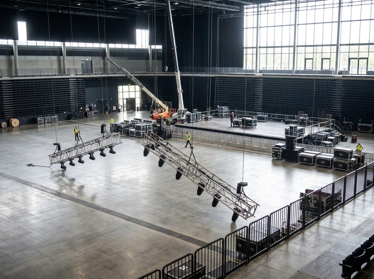 Behind-the-scenes view of a large arena being set up for a pop concert.