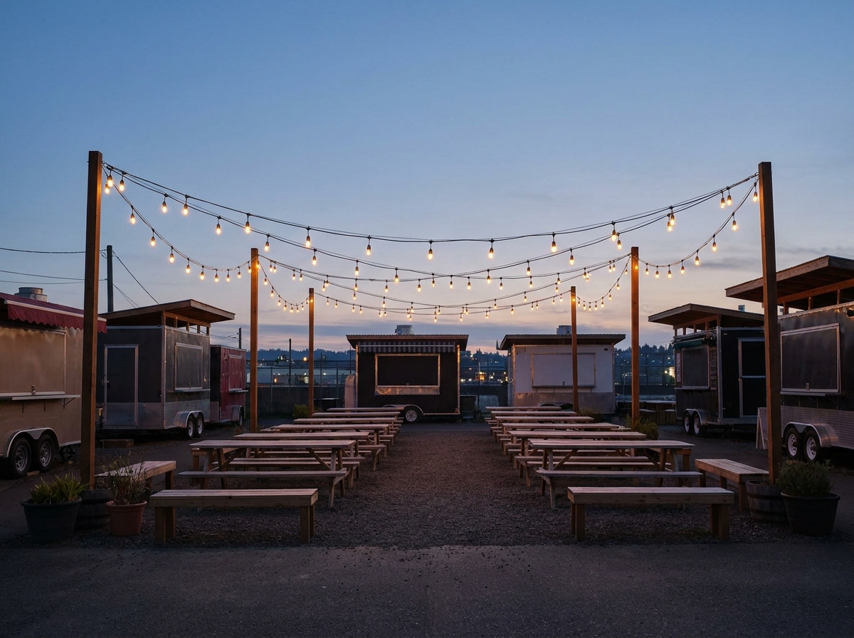 An outdoor food cart pod in Portland set up for an evening event.