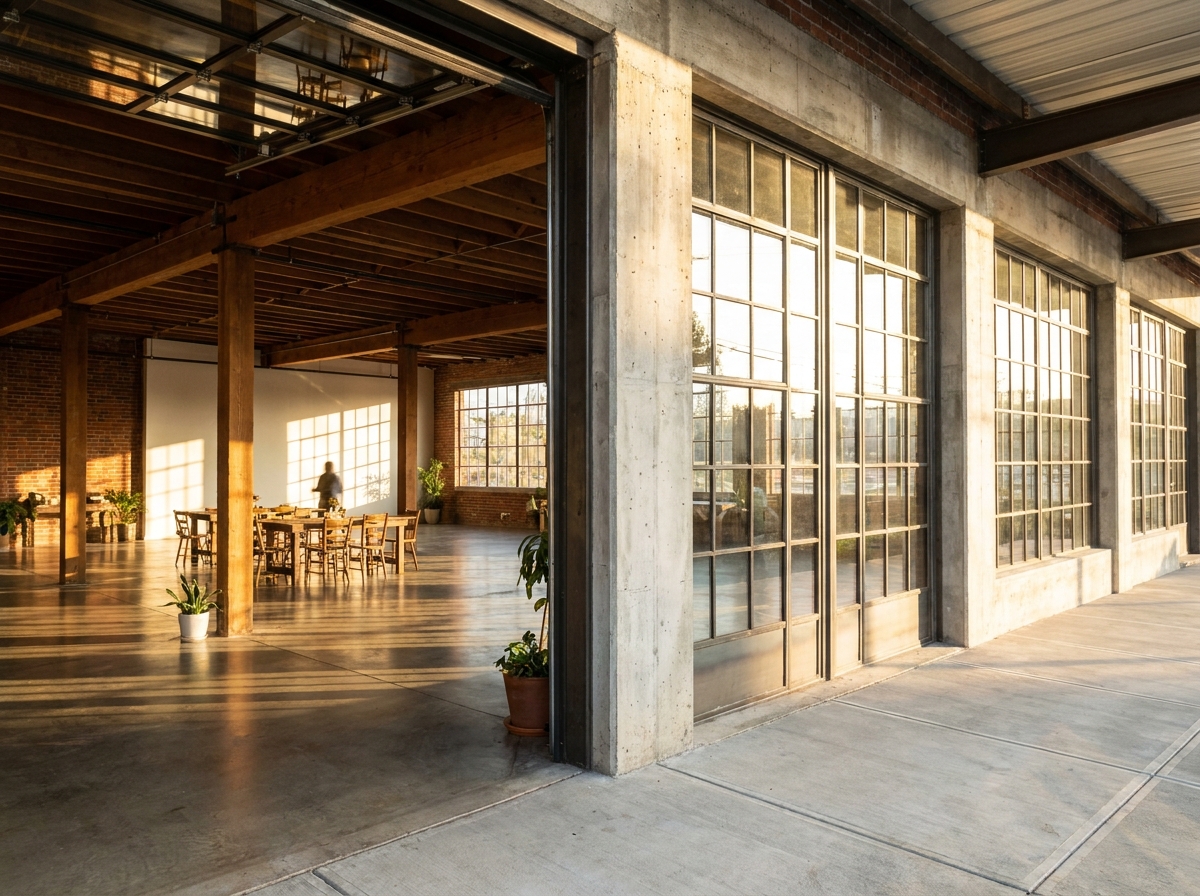 The empty entrance to a modern Portland event space.