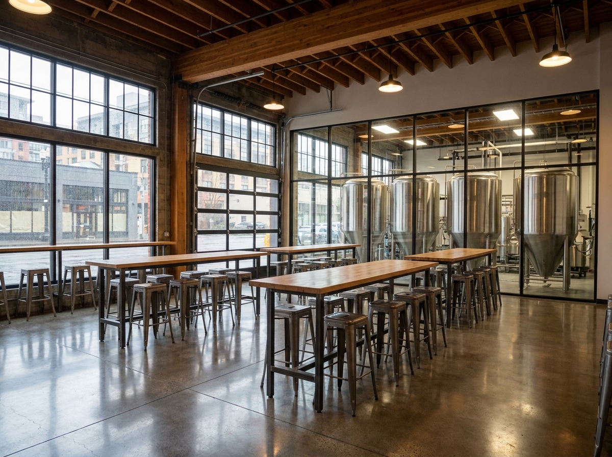 An empty craft brewery tasting room in Portland, set up for a tasting event.